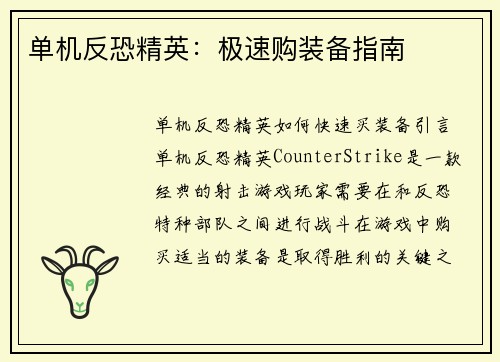 单机反恐精英：极速购装备指南